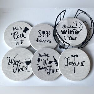 NEW 6 Ceramic Stone Coasters W/ Black Iron Coaster Holder Wine Humor